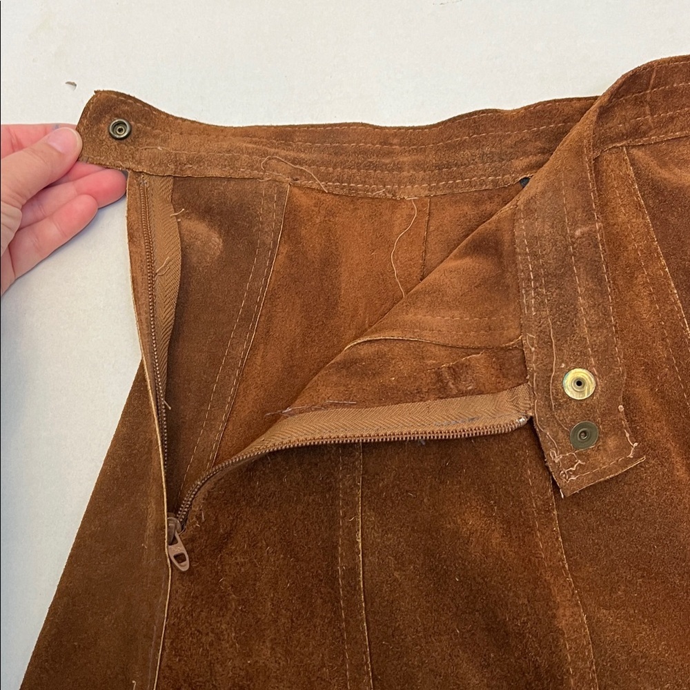 LEATHER VINTAGE 70’s BROWN A LINE MIDI SKIRT WITH TALON SIPPER SIZE SMALL - Picture 7 of 14